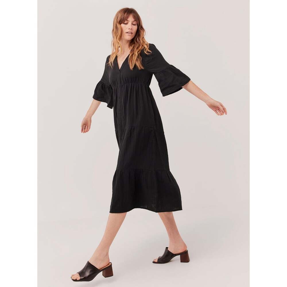 Pact Coastal Midi Dress Women’s Medium Black Organic Cotton Button Front Tiered